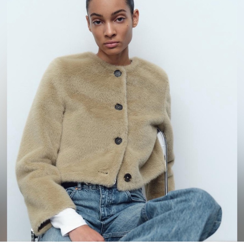 Zara Tan Faux Fur Cropped Jacket | Size XS